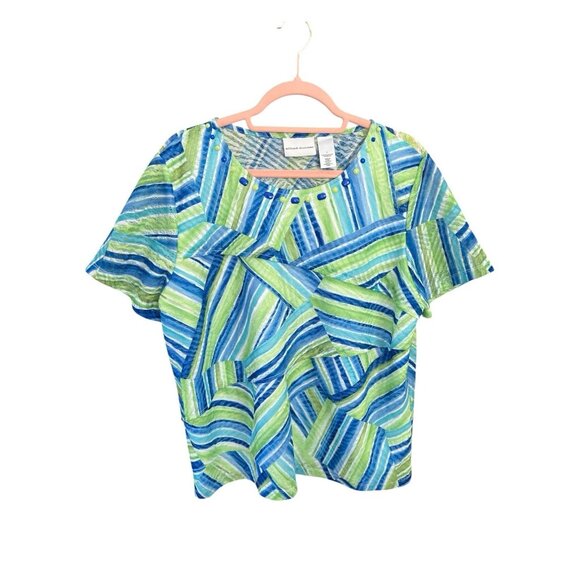 Alfred Dunner Blue/Green/White Short Sleeve Semi-Sheer Sleeves & Back-Size Large - Picture 1 of 2